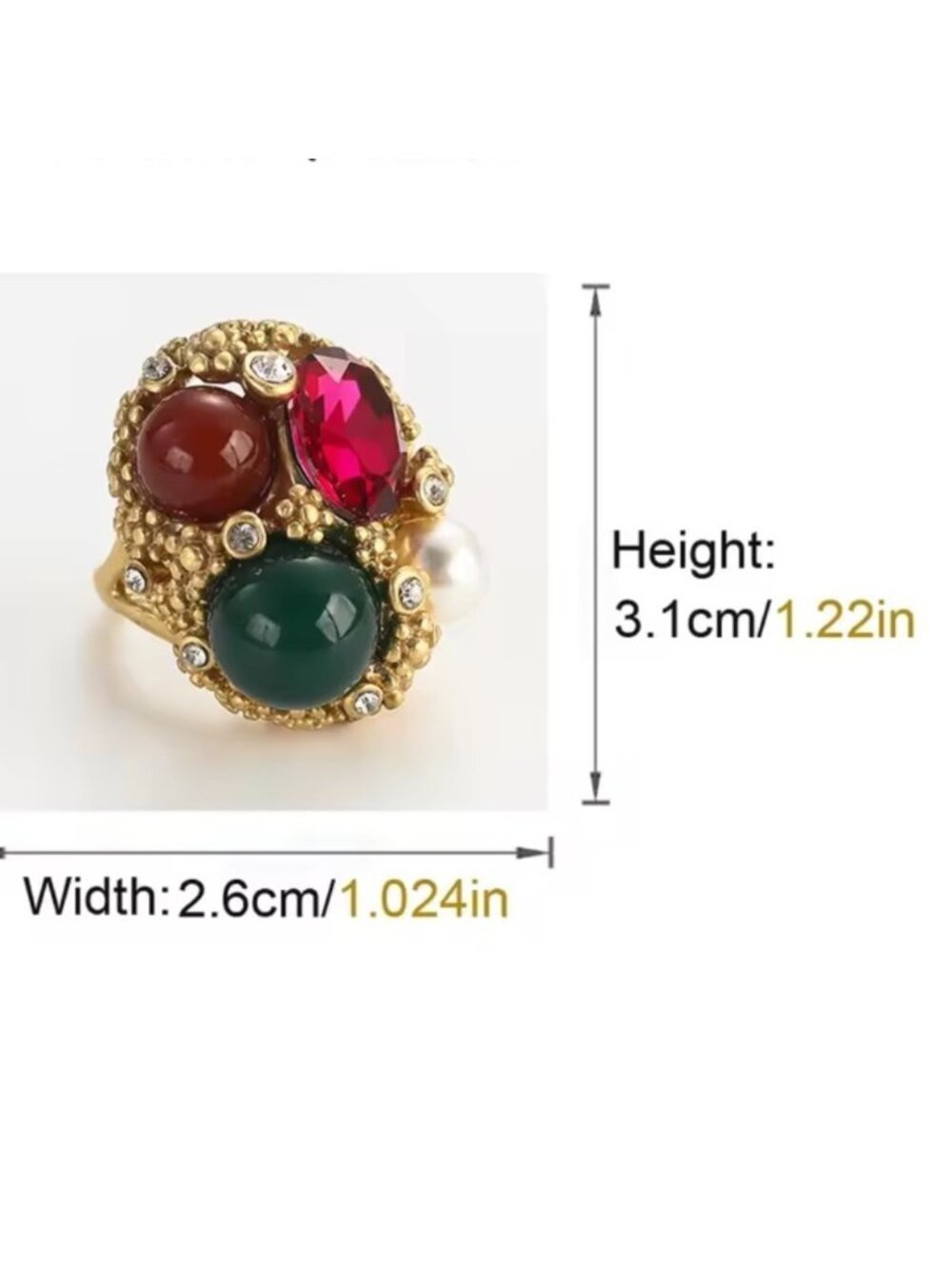 Opulent Collector’s Gem Ring Rare Ruby, Jade & Pearl in Ornate Gold Design - Picture 11 of 11